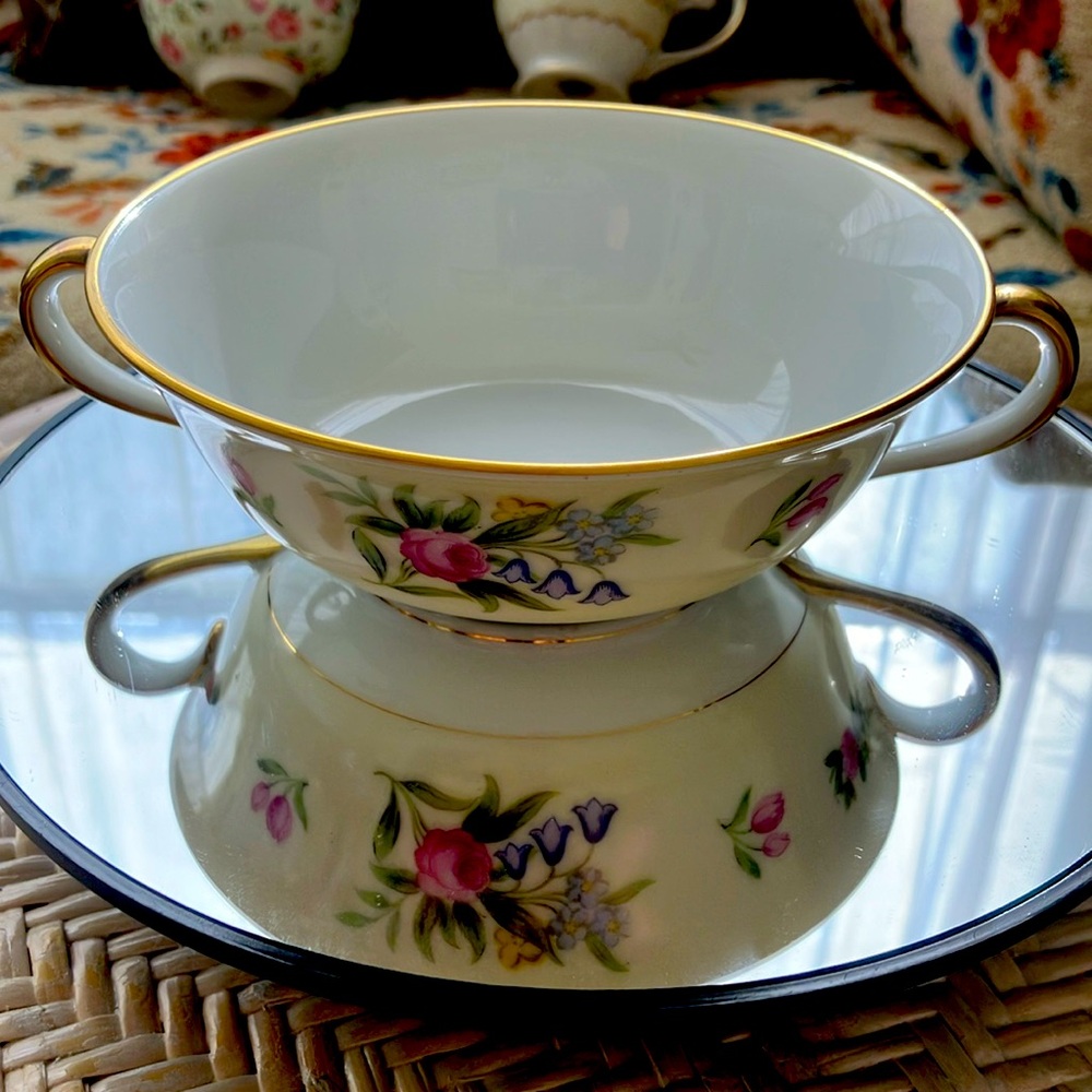 VINTAGE NORITAKE BRANFORD JAPAN CHINA SOUP BOWL HANDLED SPRING FLORAL GOLD TRIM